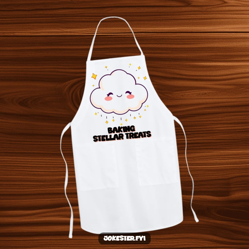 Funny apron featuring a happy cloud character raining tiny, sparkling stars with a joyful expression.