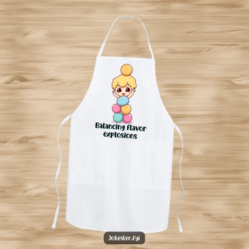 Funny mischievous character balancing a stack of colorful balls precariously, cooking apron, kitchen accessory, juggling design, humorous gift.