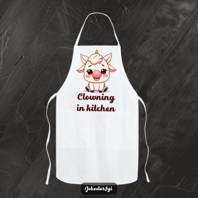 Funny Apron: A character wearing a clown nose is happily honking a tiny horn while cooking, adding a humorous element to meal prep.