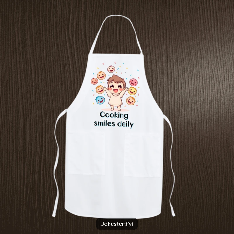 Funny apron with a happy character throwing confetti while juggling colorful smiling and laughing faces, great for cooking.