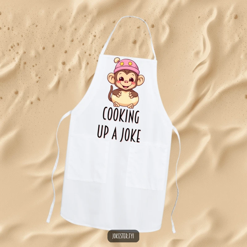 Funny monkey apron showcasing a smiling monkey wearing a silly hat and holding a whoopee cushion, great for cooking.