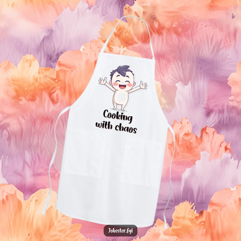 Funny Apron depicting a joyful character in a silly, exaggerated pose, perfect for fun cooking sessions.