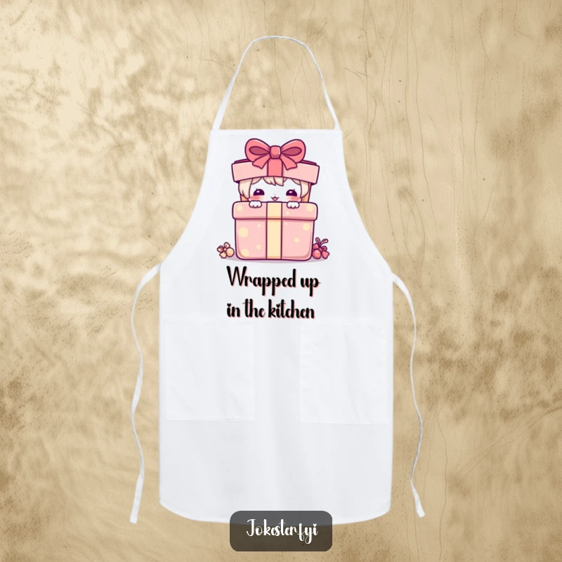 Funny Apron: A playful character humorously peeking from behind a large, colorful gift.
