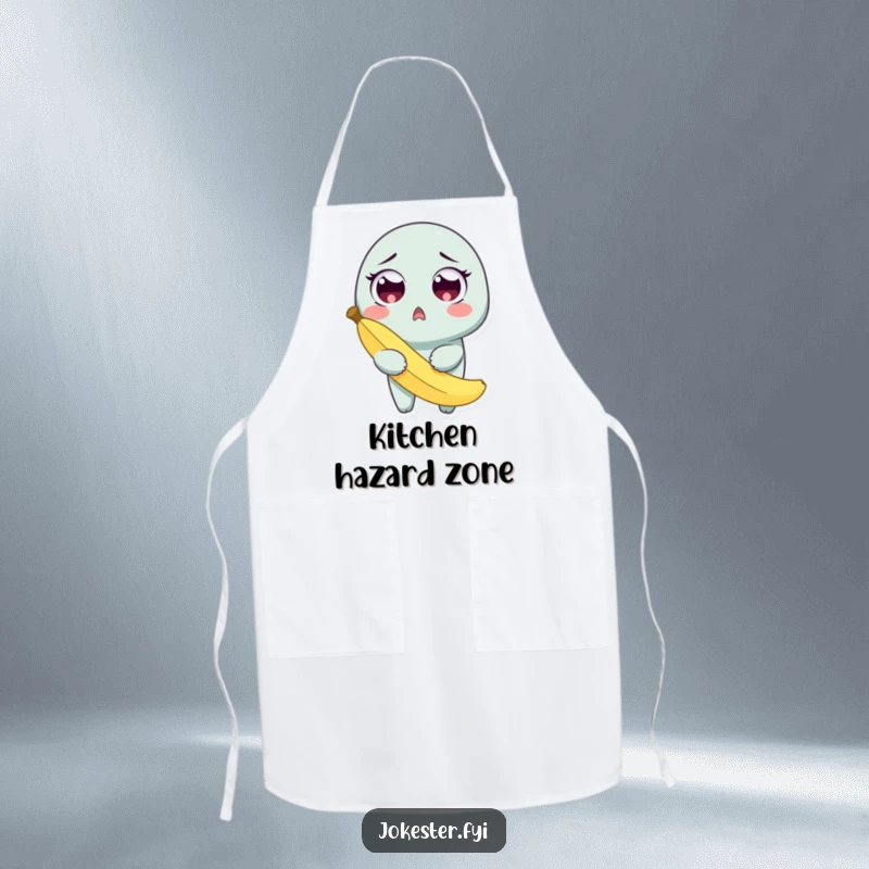 Funny apron showing a surprised character holding a banana peel after a slip, perfect for kitchen safety and humor.