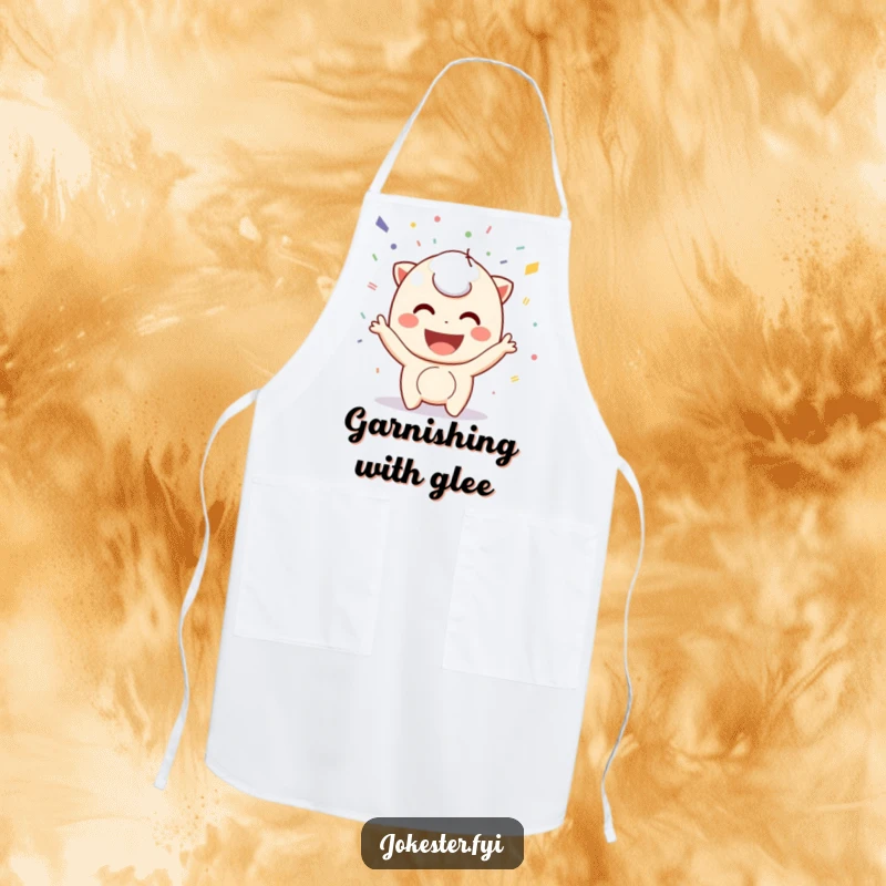 Funny confetti apron, a playful character smiling and throwing colorful confetti while cooking. A humorous and functional kitchen accessory.