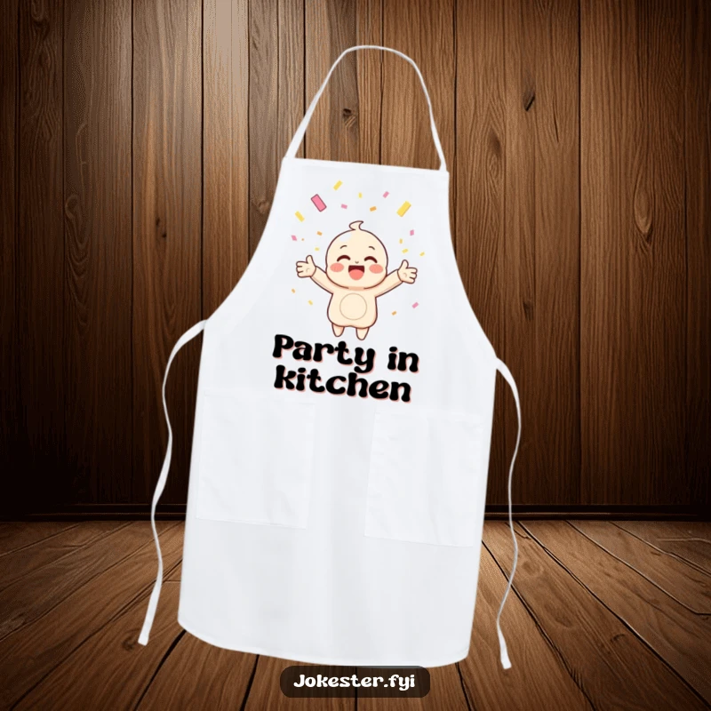 Funny apron showing a happy character with arms outstretched, catching falling confetti, perfect for celebratory cooking and baking.