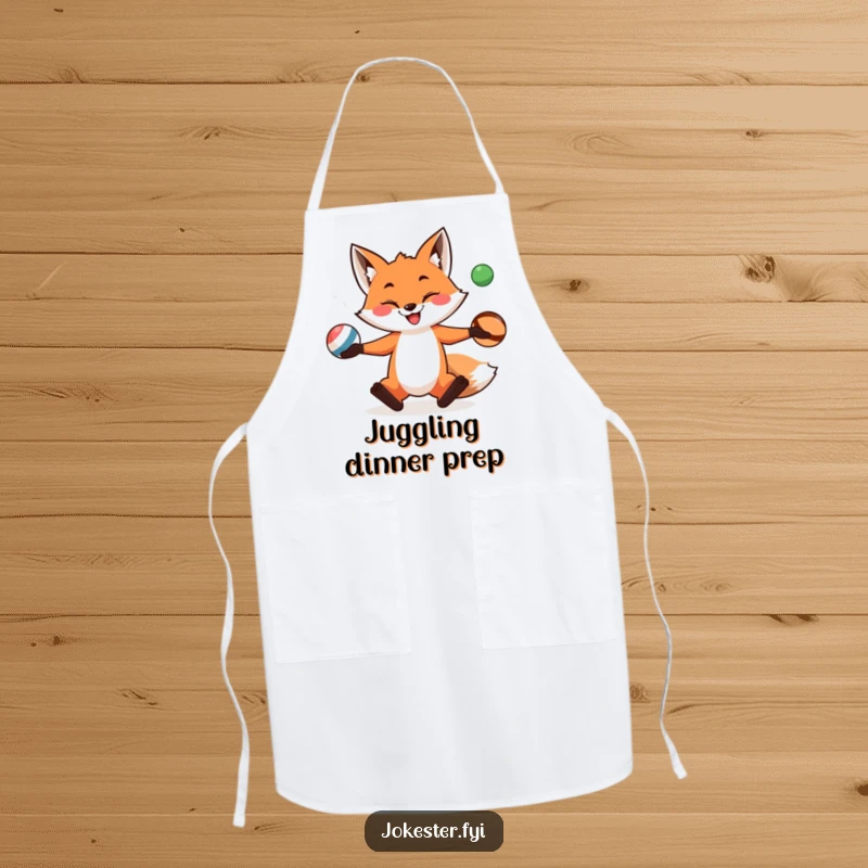 A mischievous fox juggling balls adds a humorous and fun element to this practical cooking apron.
