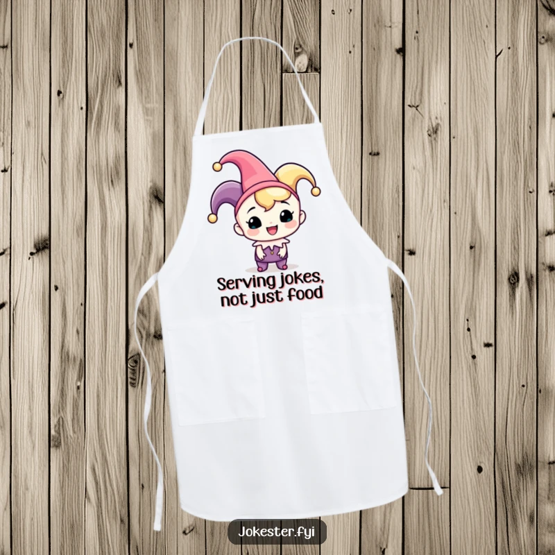 Funny jester apron, a cheerful character wearing a jester hat and playfully tipping it, protecting clothes with humor.