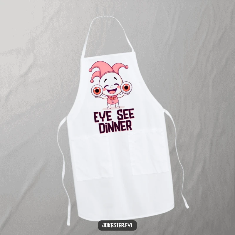 Funny apron with a laughing jester in a hat, comically juggling three large, wobbly eyeballs while cooking or cleaning.