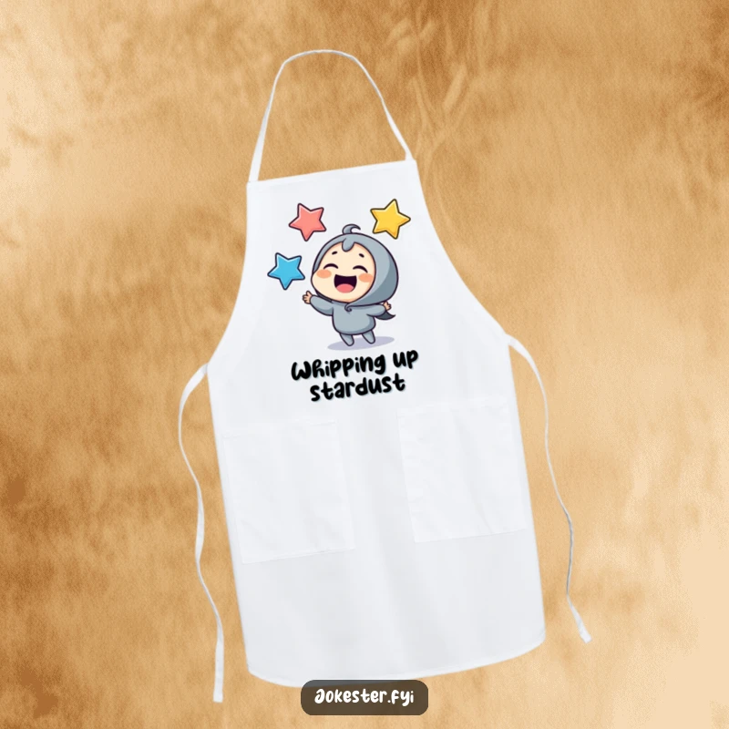Funny juggling stars apron, a giggling character playfully tossing colorful stars while cooking. A humorous and functional kitchen accessory.