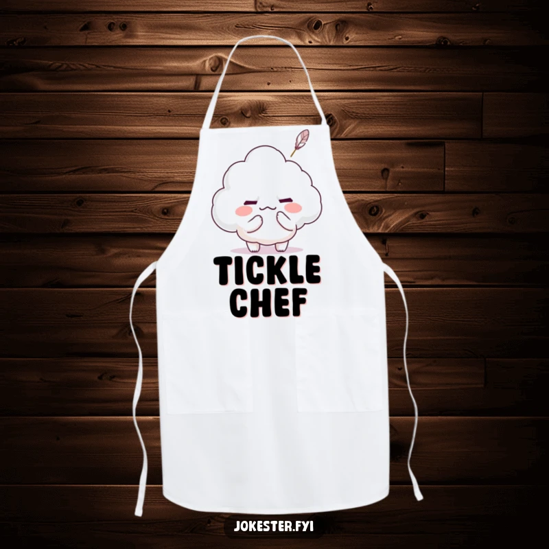 Funny Kawaii character tickling a grumpy cloud with a feather, causing it to smile, stylish apron for cooking.