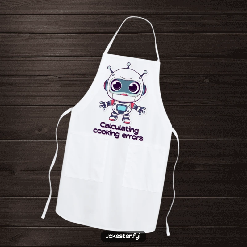 Funny robot apron, a surprised character with oversized googly eyes, looking around playfully, ideal for kitchen humor.