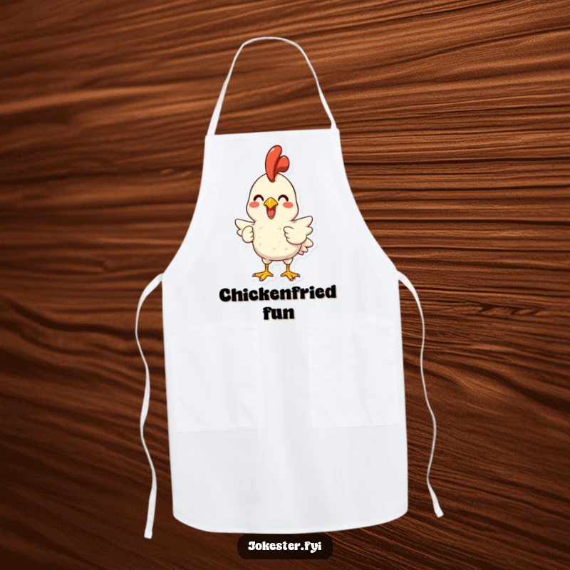 Funny apron designed with a joyful character holding a rubber chicken, poised for a comical squawk. Ideal for fun in the kitchen.