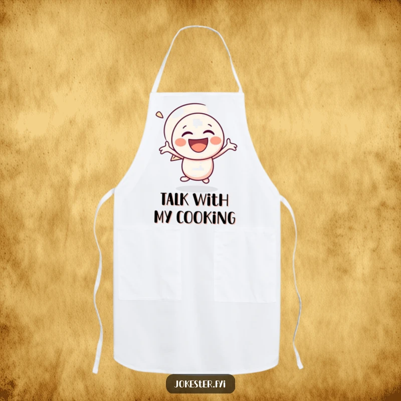 Funny speech bubble apron decorated with a laughing character bouncing with glee, adding a touch of comical fun to cooking.