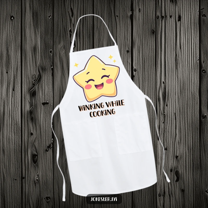 Funny Star Apron depicting a joyful star character winking playfully, ready to assist in the kitchen with a twinkle.