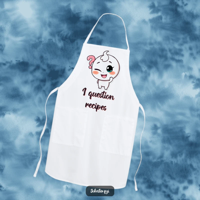 Funny apron displaying a mischievous character tickling a floating question mark, ideal for kitchen adventures and culinary exploration.