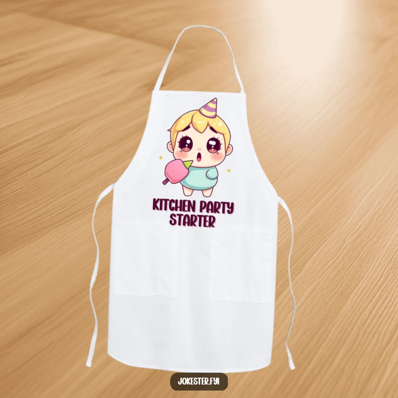 Funny surprised party popper apron showing a character with wide eyes, holding a popped party popper, ready to serve up laughs and meals.