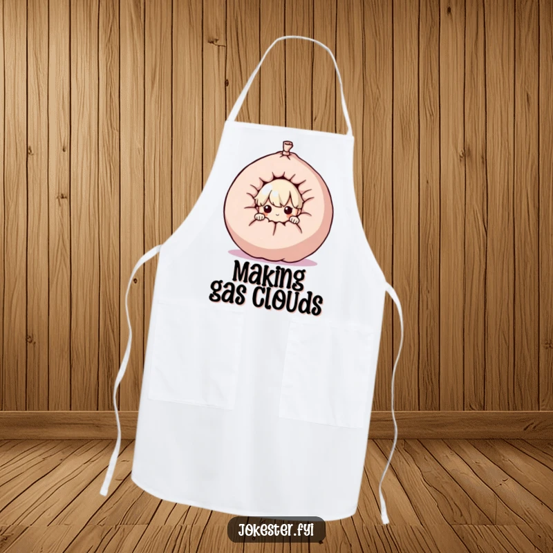 Funny curious character peeking from behind a giant whoopee cushion, cooking apron, kitchen accessory, prankster design, humorous gift.