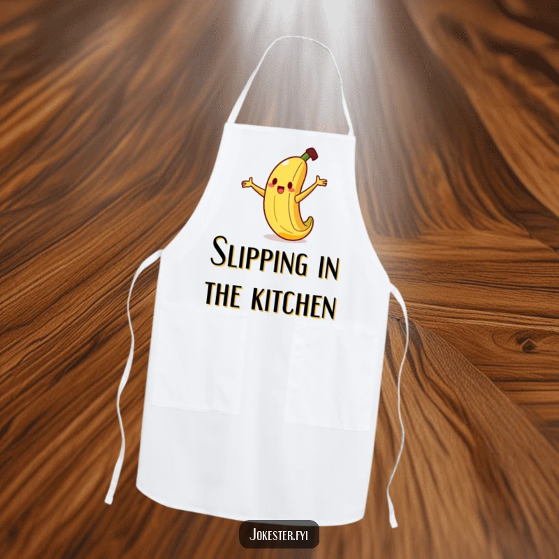 Funny banana apron featuring a silly banana character comically slipping on a tiny peel, arms flailing, perfect for a humorous cook.