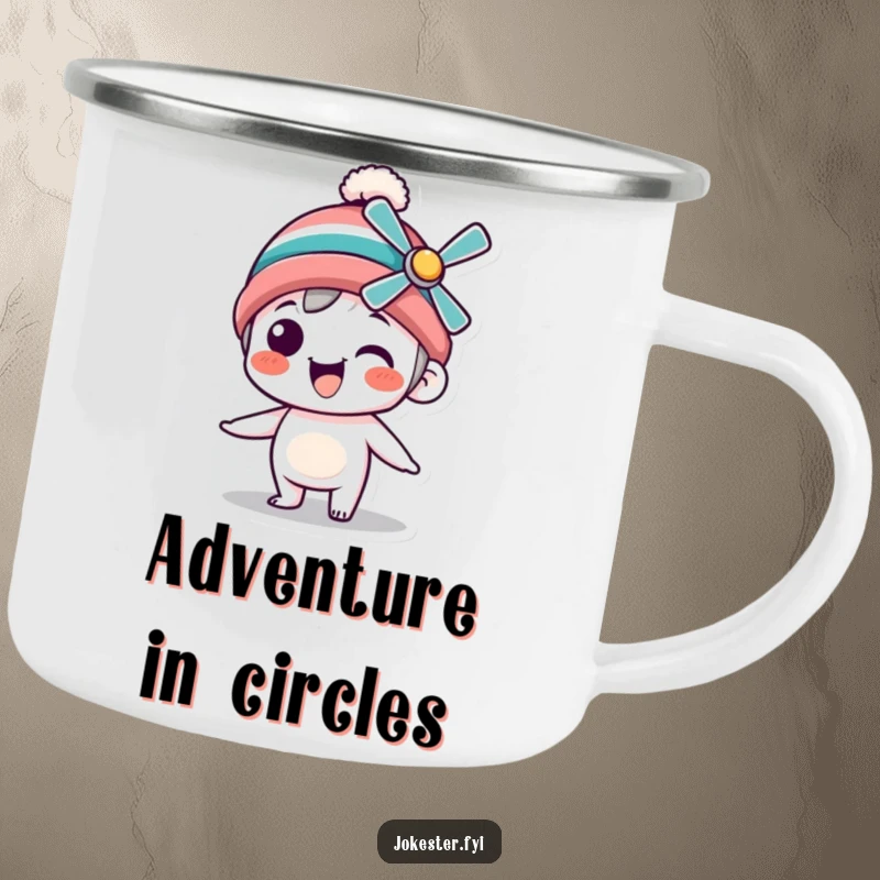 Funny Camping Mug featuring a silly character in a propeller beanie spinning joyfully, perfect for outdoor beverages and happy campers.