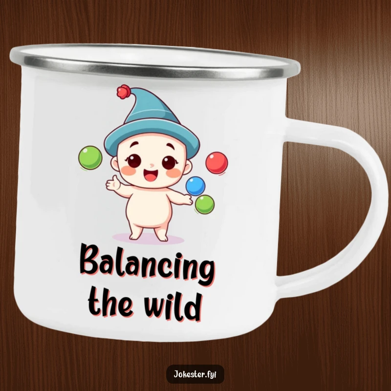 Funny juggling camping mug showing a cheerful character in a silly hat, skillfully juggling three colorful balls, perfect for outdoor enjoyment.