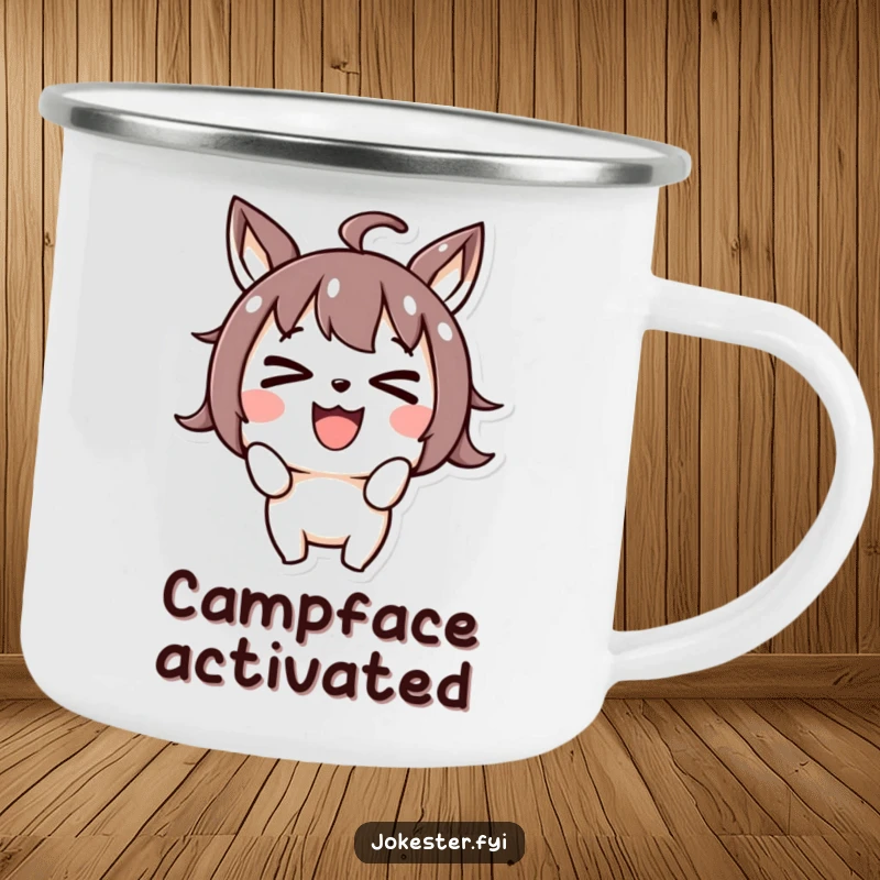 Funny joyful character making a silly face and crossing its eyes, enamel camping mug, outdoor drinkware, goofy design, funny adventure gift.