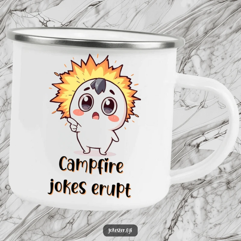 Funny Kawaii character with surprised eyes pointing at an explosion of humor on a durable camping mug for funny outdoor moments.