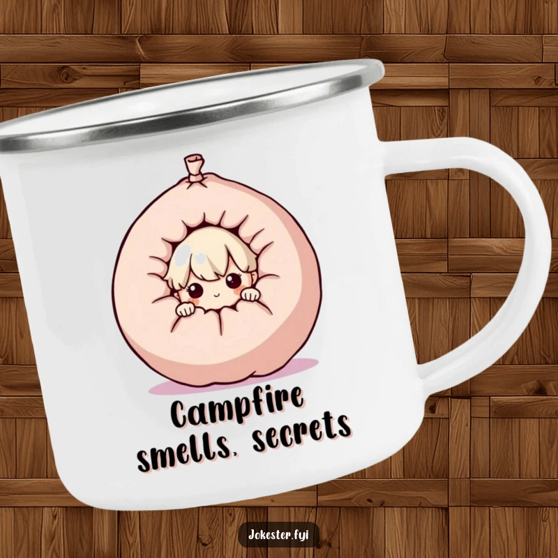 Funny curious character peeking from behind a giant whoopee cushion, enamel camping mug, outdoor drinkware, prankster design, funny adventure gift.