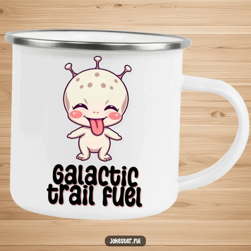 Funny camping mug depicting a giggling alien character playfully sticking out its tongue under the stars.