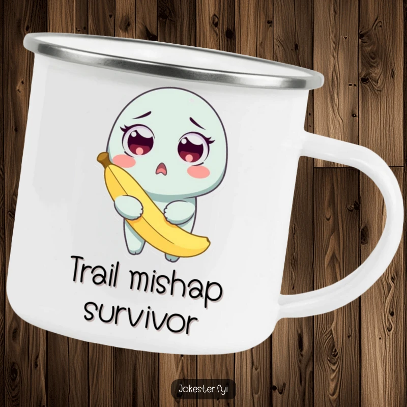 Funny camping mug featuring a surprised character holding a banana peel after a comical slip, ready for outdoor laughs.