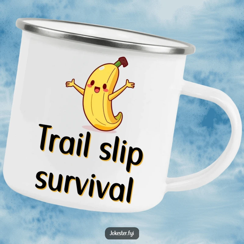 Funny banana camping mug featuring a silly banana character comically slipping on a tiny peel, arms flailing, for rustic humor.