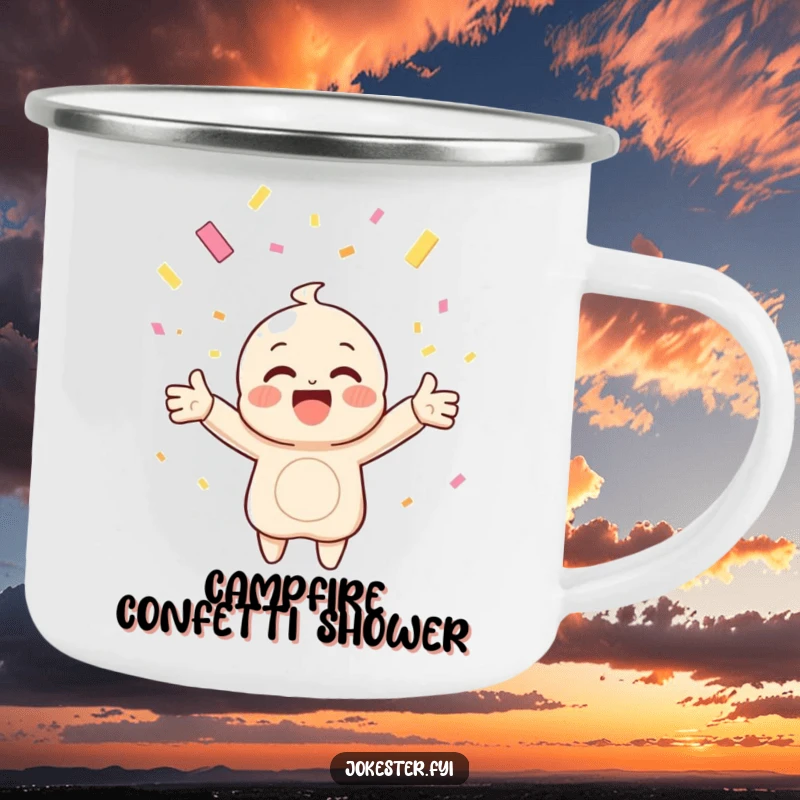 Funny camping mug featuring a happy character with arms outstretched, catching falling confetti, perfect for festive outdoor moments.