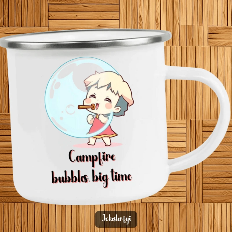 Funny excited character blowing a huge bubble with a stick, enamel camping mug, outdoor drinkware, cartoon art, funny adventure gift.