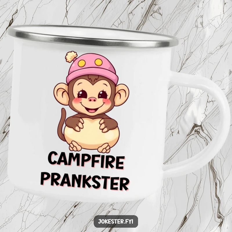 Funny monkey camping mug with a smiling monkey wearing a silly hat and holding a whoopee cushion, ready for adventure.