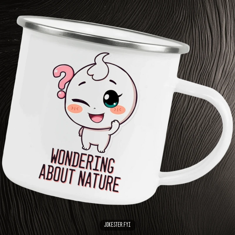 Funny camping mug featuring a smiling character mischievously tickling a hovering question mark, perfect for wilderness contemplation.