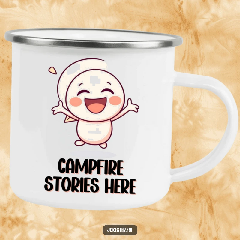 Funny speech bubble camping mug featuring a laughing character bouncing with glee, perfect for outdoor amusement and cheerful drinks.