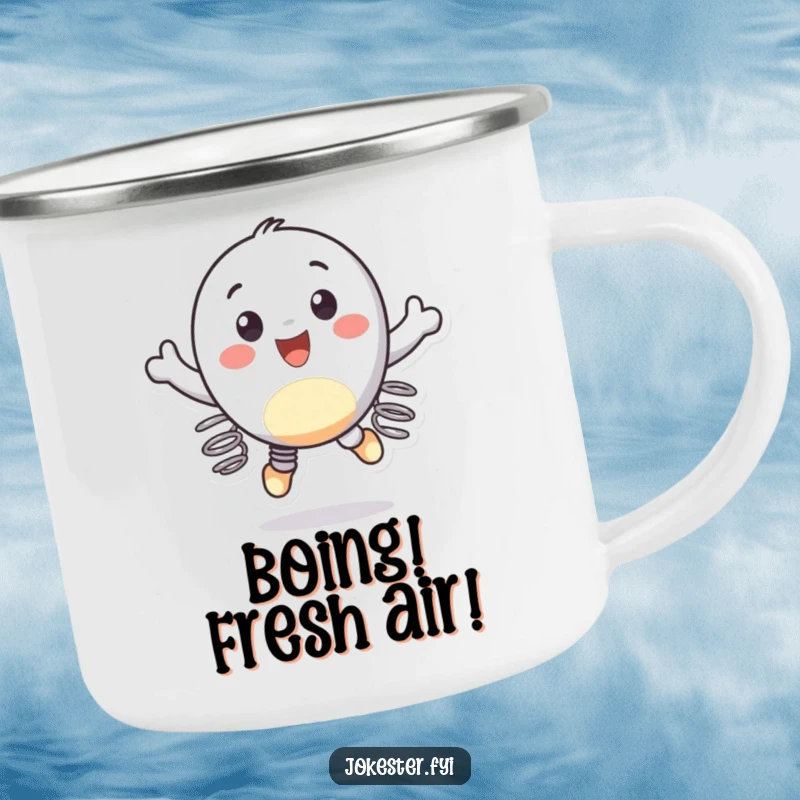 Funny camping mug featuring a cheerful character with springs on its feet, bouncing gleefully, ready for energetic adventures.