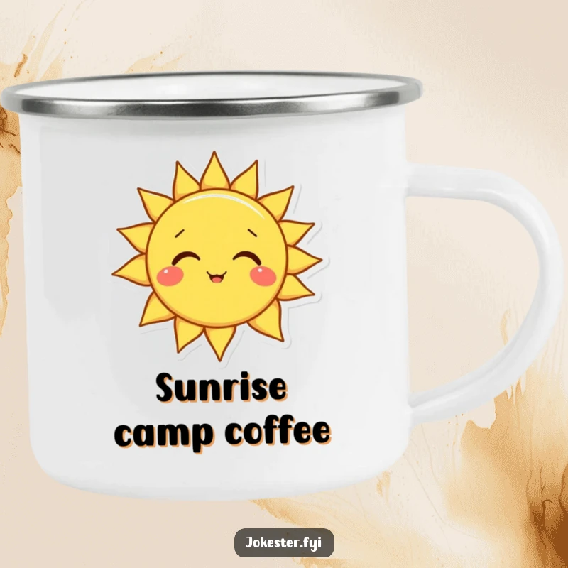 Funny sun camping mug featuring a happy smiling sun character tilting its head playfully, perfect for outdoor cheer and warm drinks.