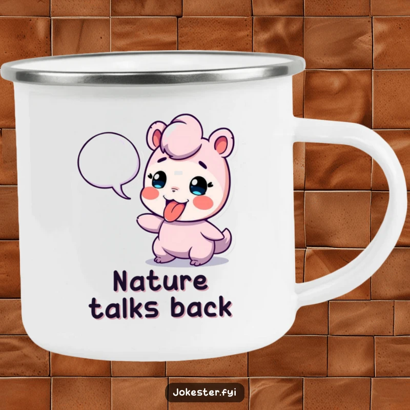 Funny camping mug featuring a playful character sticking its tongue out at a floating speech bubble, ready for sassy adventures.