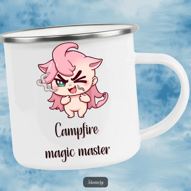 Funny Camping Mug with a winking smoke mage, durable and charming for outdoor adventures and gifting.