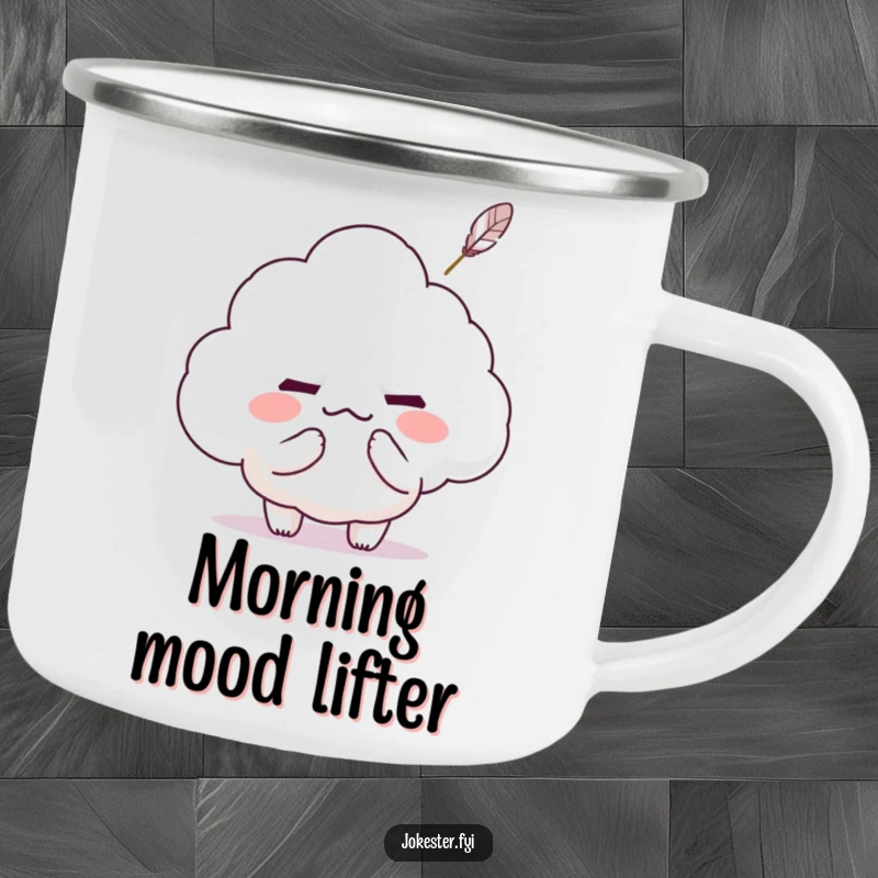 Funny Kawaii character tickling a grumpy cloud with a feather to make it smile, sturdy camping mug.
