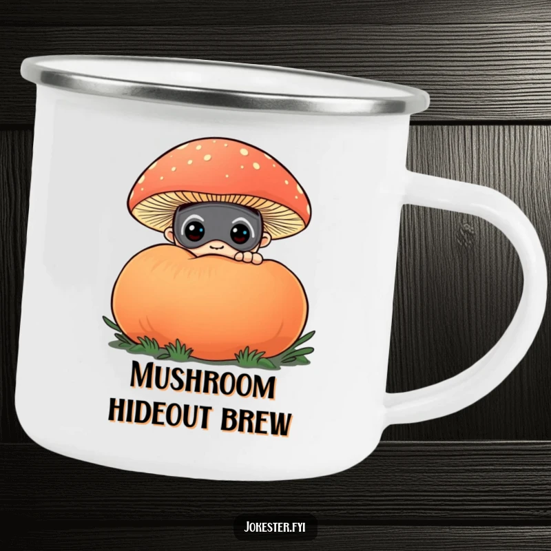 Funny camping mug showing a curious character in a funny mask, peeking from behind a large, colorful puffball mushroom. Durable and mysterious.