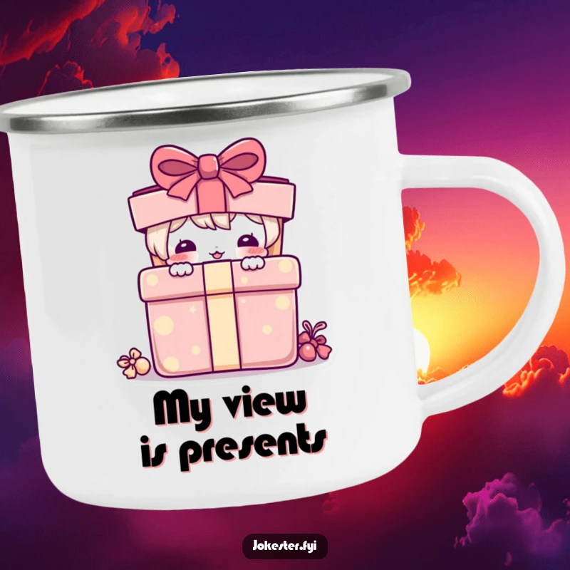 Funny Camping Mug: A playful character peeking from behind a large, colorful outdoor present.