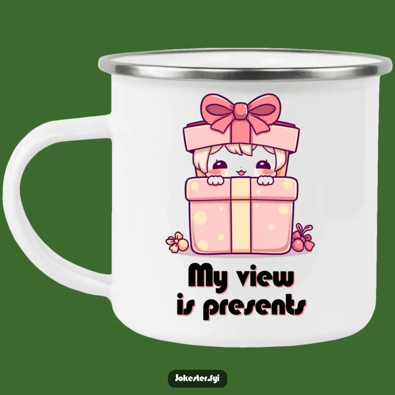 Funny Camping Mug: Playful Character Peeking Present - Adventure Fuel!