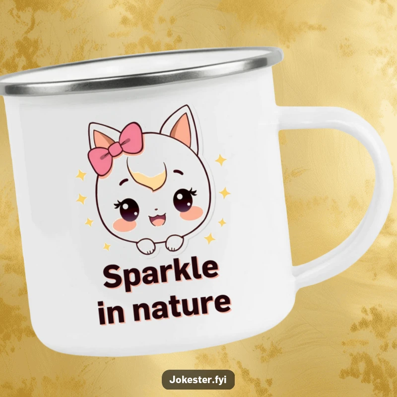 Funny Camping Mug with a happy character with sparkles, durable and charming for adventures.