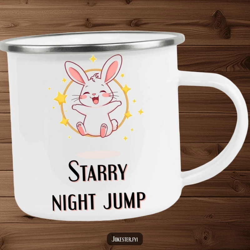 Funny camping mug with a giggling rabbit jumping through a hoop of sparkling stars, ready for adventure.