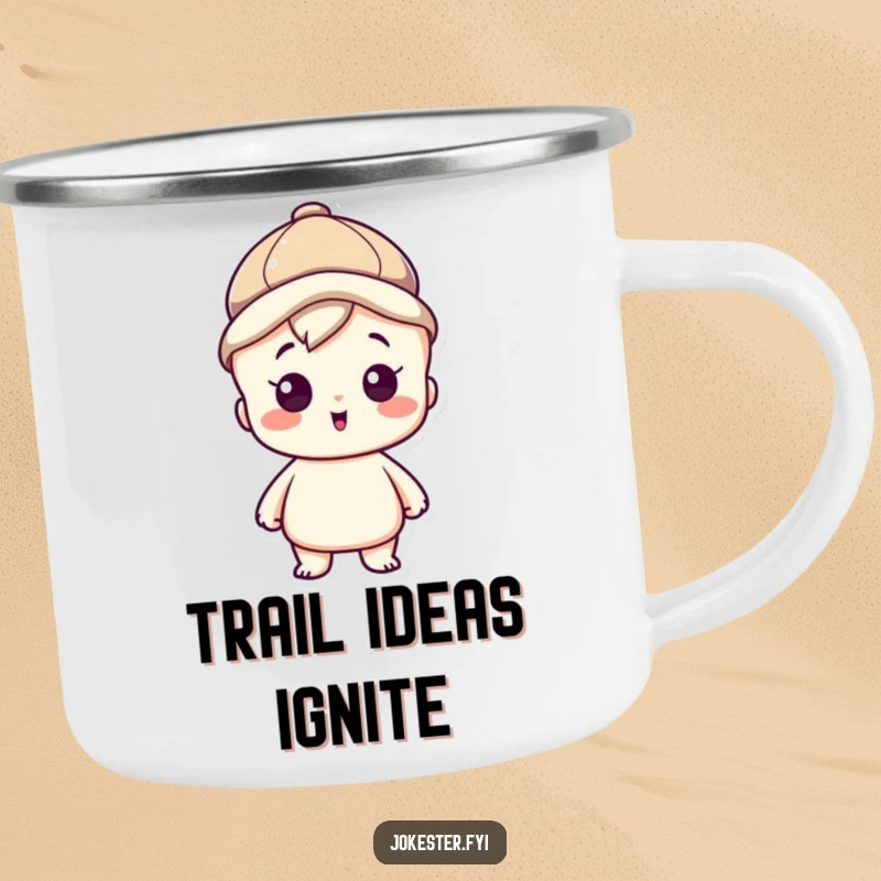 Funny camping mug featuring a clever character wearing a thinking cap, looking inspired, perfect for brainstorming outdoors.
