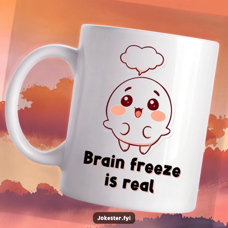 Funny surprised thought mug, a happy character with wide eyes and a thought bubble above, indicating a sudden, amusing realization.