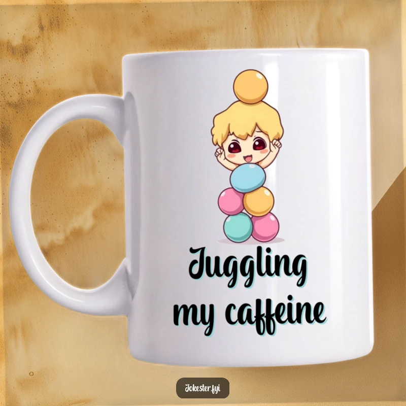 Funny mischievous character balancing a tall stack of colorful balls precariously, juggling art, playful character design, humorous mug gift.