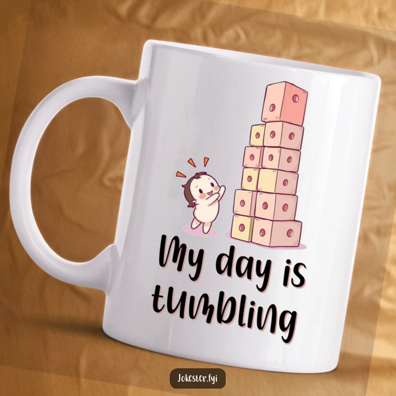 Funny mug with a delighted character observing a comical, tumbling tower of colorful cubes. Captures the joy of playful destruction.